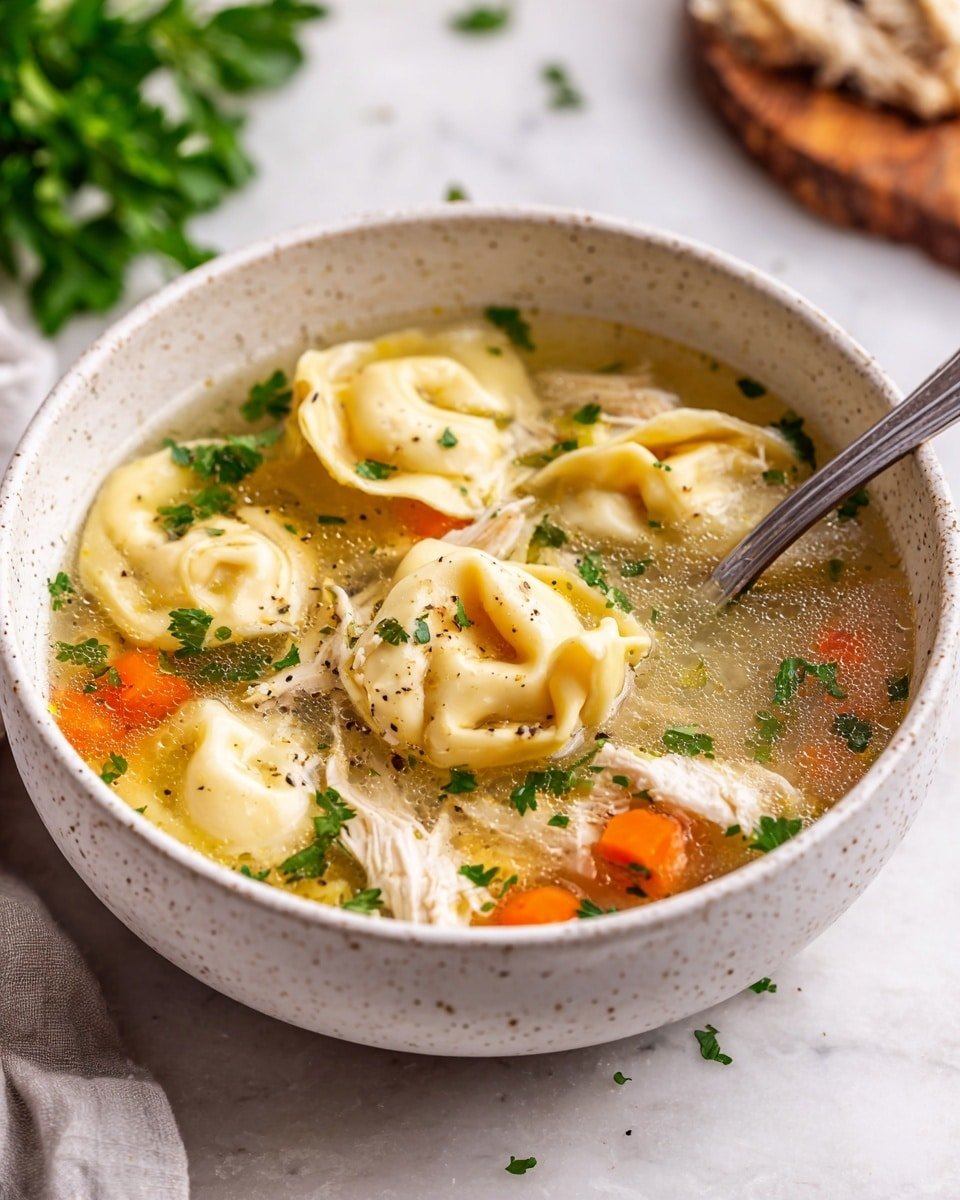 Chicken Tortellini Soup with Herbs and Vegetables Recipe - Recipe Image — Chicken Tortellini Soup with Herbs and Vegetables, hearty chicken tortellini soup, easy vegetable tortellini soup, healthy chicken and tortellini meal, comforting herb-infused soup