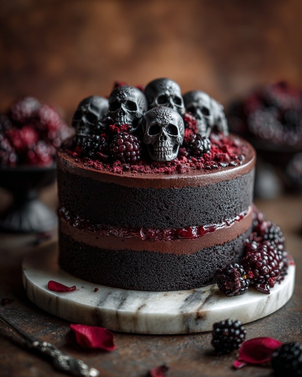 Spooky Black Velvet Halloween Cake Recipe - Recipe Image — Spooky Black Velvet Halloween Cake, Halloween black cake recipe, black velvet cake with blackberry frosting, Halloween themed chocolate cake, black cocoa Halloween cake