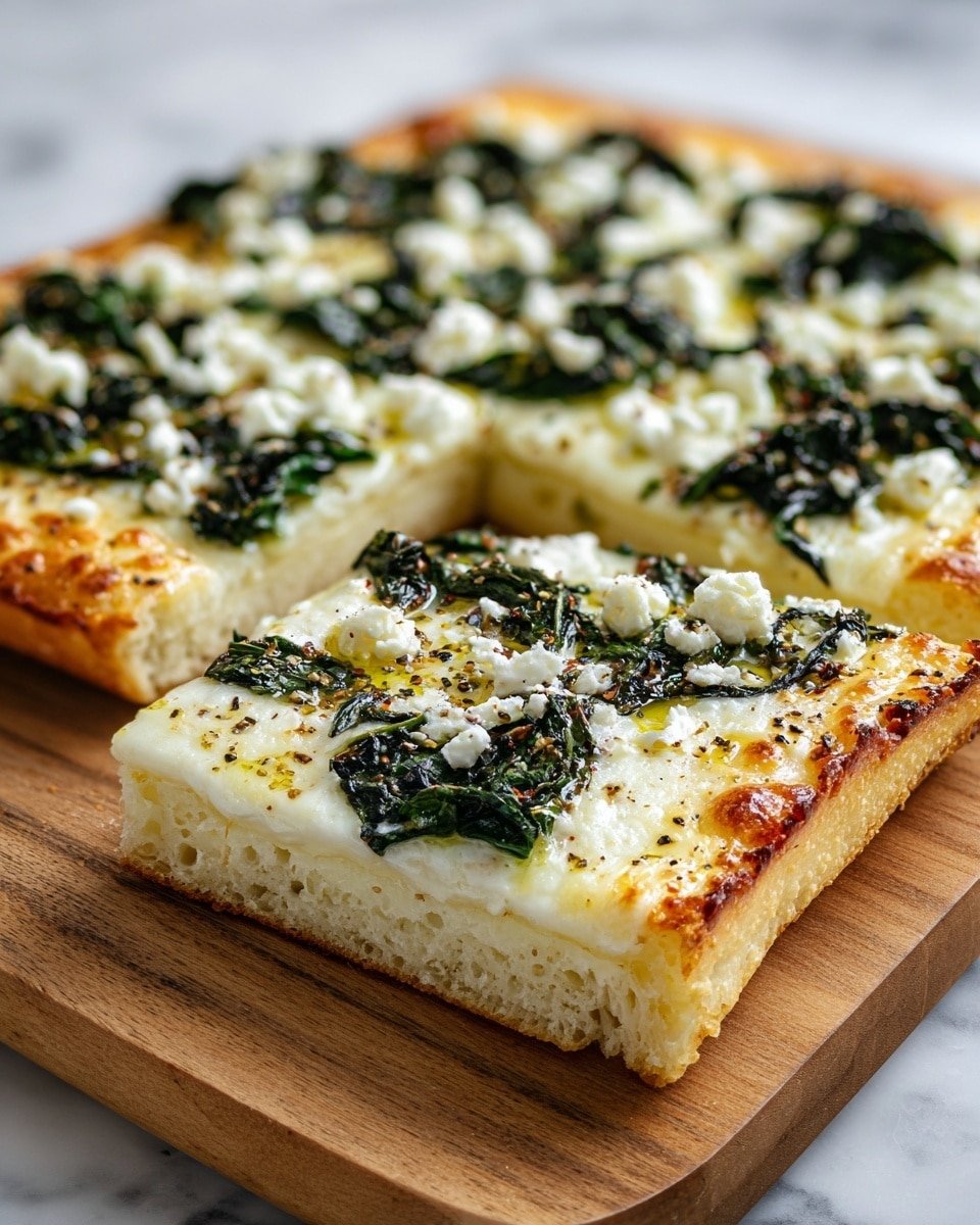 Greek Roasted Garlic Spinach White Pizza Recipe - Recipe Image — Greek Roasted Garlic Spinach White Pizza, Greek garlic spinach pizza, white pizza with roasted garlic and spinach, creamy Greek white pizza, healthy spinach pizza