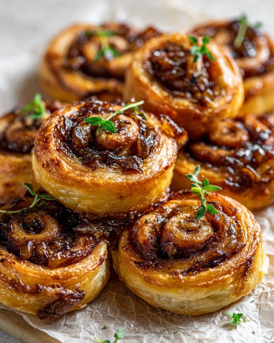 Caramelized Onion & Thyme Puff Pastry Pinwheels Recipe - Recipe Image — Caramelized Onion & Thyme Puff Pastry Pinwheels, savory appetizer, easy puff pastry snacks, caramelized onion appetizer, thyme pastry bites