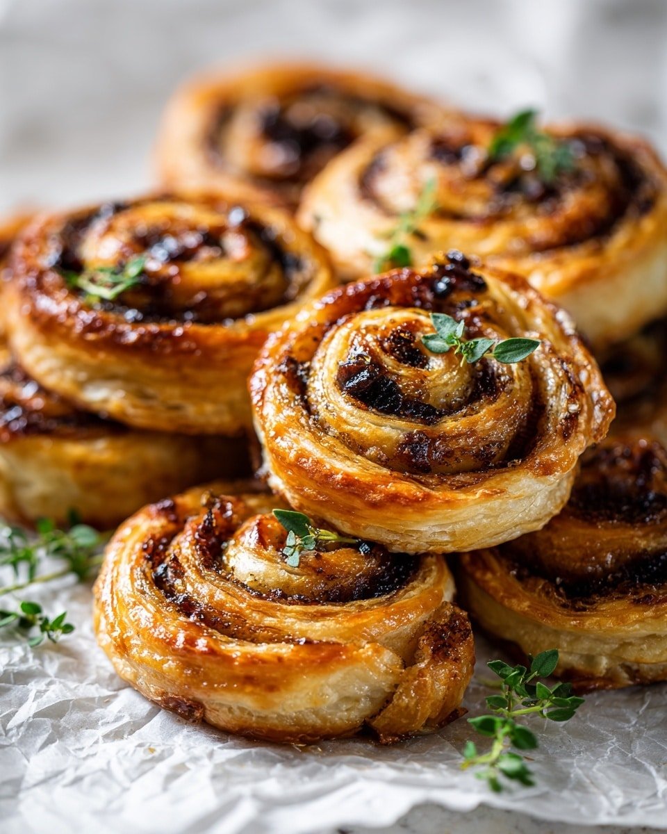 Caramelized Onion & Thyme Puff Pastry Pinwheels Recipe - Recipe Image — Caramelized Onion & Thyme Puff Pastry Pinwheels, savory appetizer, easy puff pastry snacks, caramelized onion appetizer, thyme pastry bites