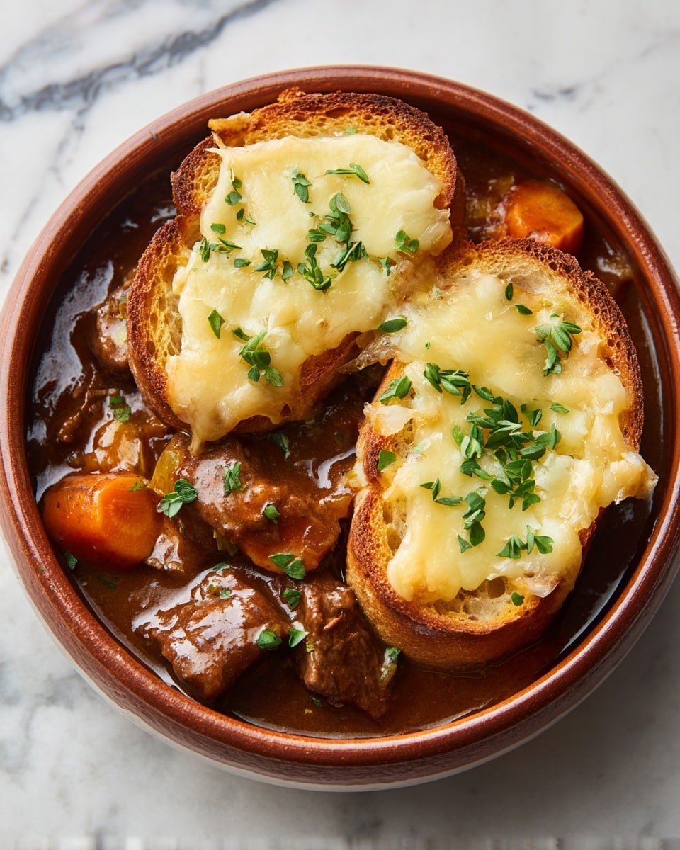 French Onion Short Rib Soup with Gruyère Toast Recipe - Recipe Image — French Onion Short Rib Soup with Gruyère Toast, hearty beef onion soup with short ribs, caramelized onion soup with tender short ribs, cheesy Gruyère toast, comforting French onion soup