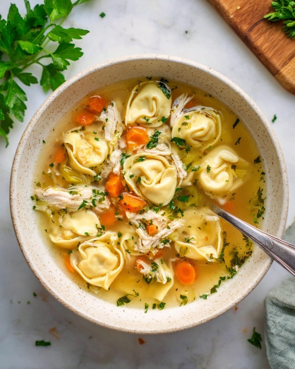 Chicken Tortellini Soup with Herbs and Vegetables Recipe - Recipe Image — Chicken Tortellini Soup with Herbs and Vegetables, hearty chicken tortellini soup, easy vegetable tortellini soup, healthy chicken and tortellini meal, comforting herb-infused soup