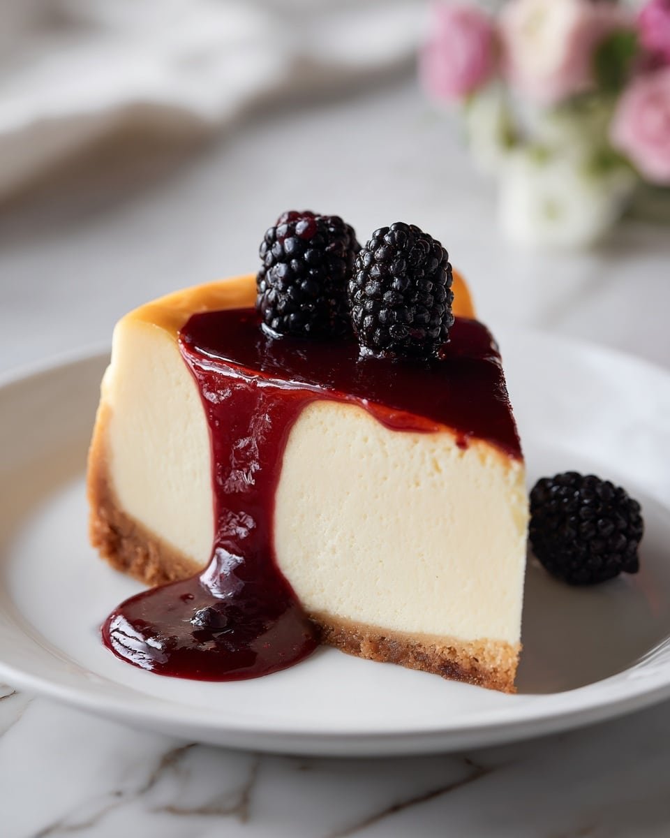London Fog Basque Cheesecake with Blackberry Sauce Recipe - Recipe Image — London Fog Basque Cheesecake with Blackberry Sauce, Earl Grey cheesecake recipe, Basque-style cheesecake with blackberry topping, Elegant berry cheesecake dessert, Fragrant Earl Grey cheesecake