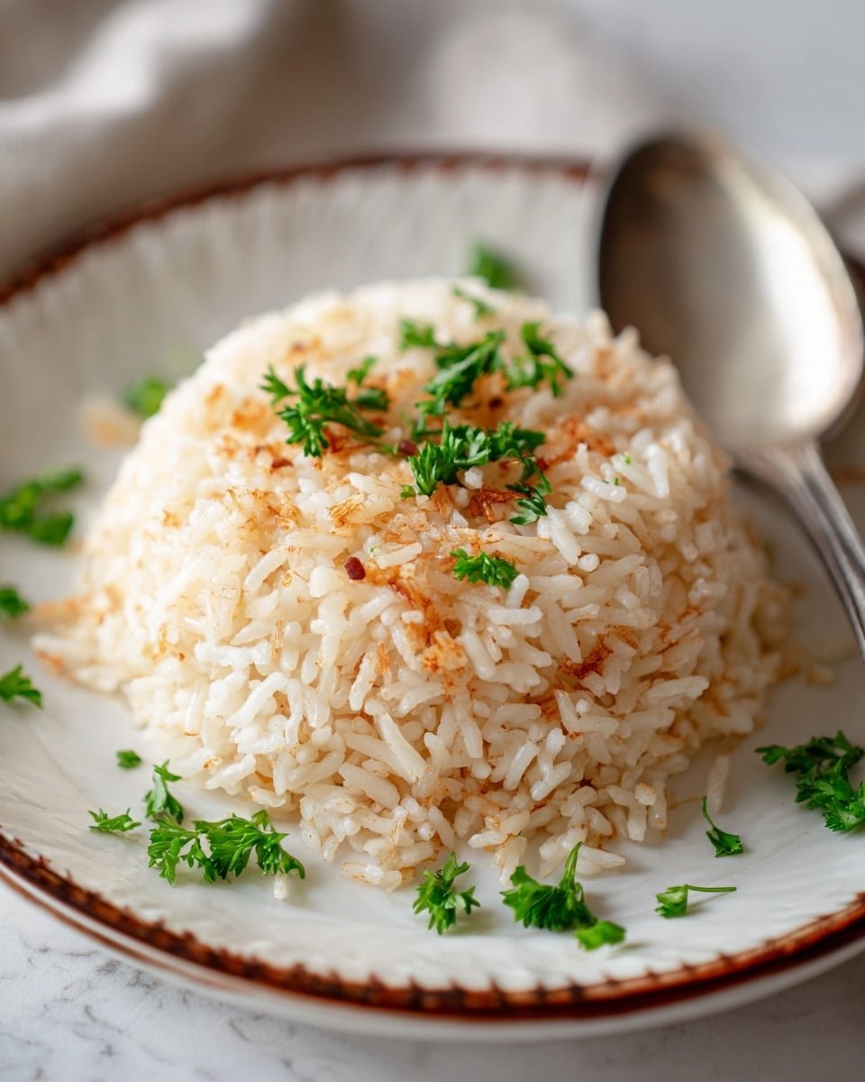 A close-up image of a mound of cooked rice served in a white bowl with a brown decorative edge, sitting on a white marbled surface. The rice is fluffy and slightly browned in spots, giving a toasted texture with some crispy edges. Bright green small parsley pieces are sprinkled on top and around the rice mound, adding a fresh color contrast. A blurred metal spoon is visible in the background, positioned on the right side of the bowl. The overall scene has soft, natural lighting, highlighting the grainy texture of the rice. photo taken with an iphone --ar 4:5 --v 7 — Rich and Savory Golden Onion Butter Rice, caramelized onion rice side dish, easy flavorful rice recipe, comforting rice side, buttery onion rice