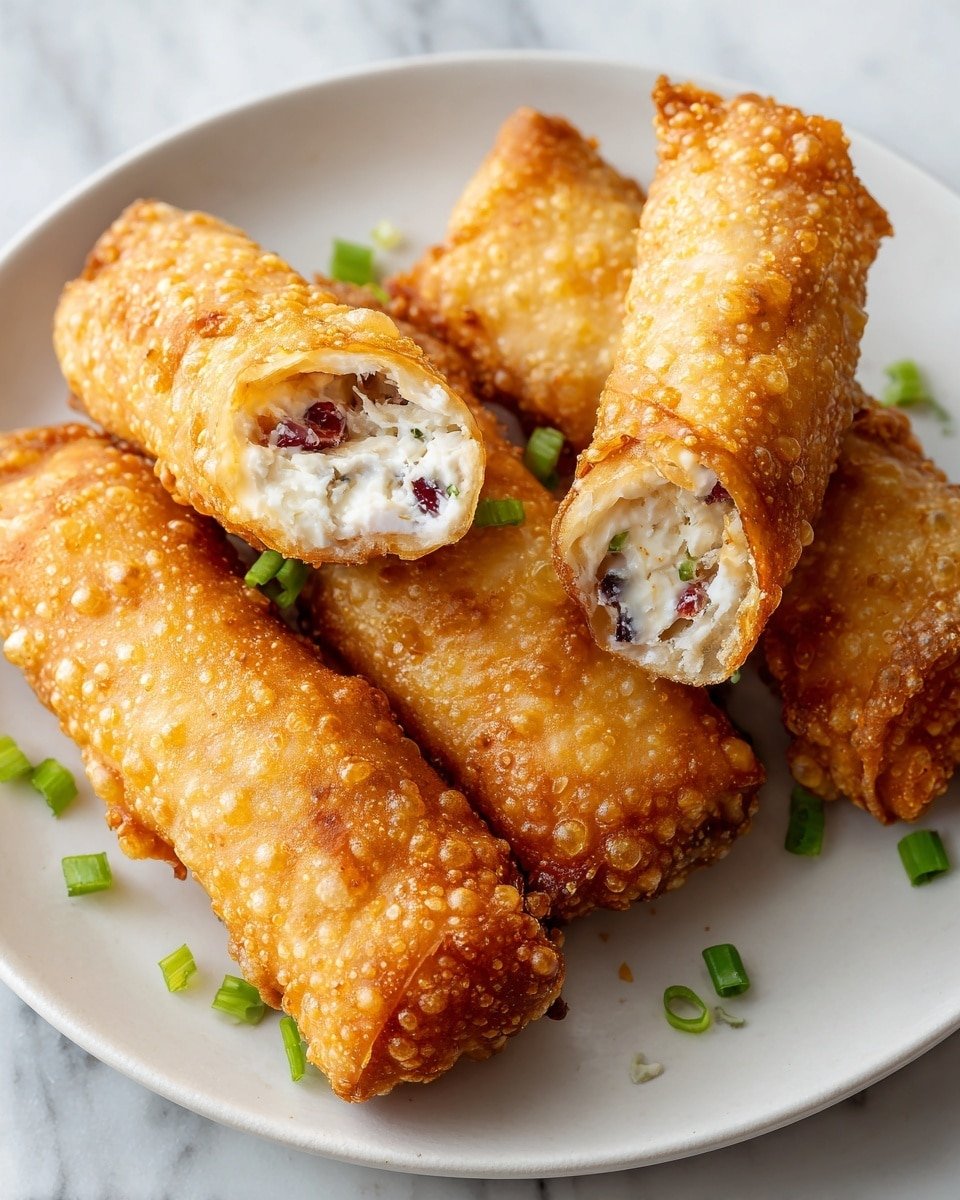 The image shows four golden-brown crispy rolls placed on a white plate resting on a white marbled surface. The rolls have a crunchy texture with small bubbles on their fried outer shell. Two rolls are whole, while two are cut open at the ends, revealing a white creamy filling mixed with small pieces of red inside. Around the plate, small chopped green onion pieces are scattered, adding a touch of green color to the scene. The light shines softly on the rolls, highlighting their crispy texture. photo taken with an iphone --ar 4:5 --v 7 — Crab Cake Egg Rolls, crab cake egg roll recipe, crispy crab egg rolls, crab appetizer recipes, seafood egg roll ideas