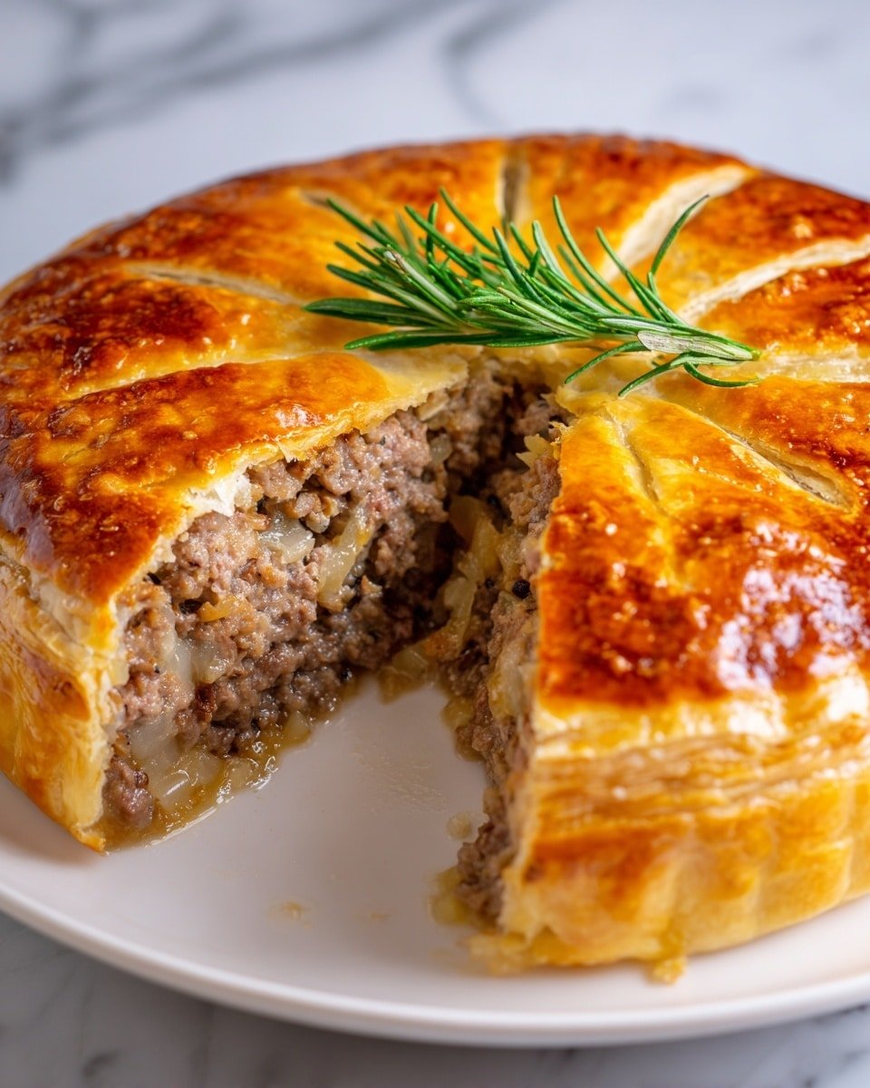 The image shows a round meat pie with a shiny, golden brown crust on top that has a slightly bumpy texture and is scored into sections. The pie is sliced, revealing a thick layer of finely minced cooked meat mixed with small bits of translucent onion inside. The outer crust is thick and golden, encasing the meat filling. On top of the pie, a small sprig of fresh green rosemary rests in the center. The pie sits on a white plate, placed on a white marbled surface. photo taken with an iphone --ar 4:5 --v 7 — Classic Tourtière French-Canadian meat pie, Traditional Tourtière Holiday dinner, Savory French-Canadian meat pie recipe, Comfort food Tourtière, Easy homemade Tourtière filling