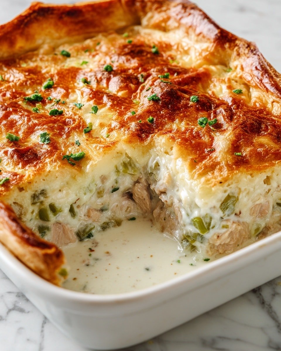 This image shows a close-up of a baked dish with a golden brown top layer that looks crispy and bubbly with hints of melted cheese and small green herb bits scattered over it. Below the top layer, there are two thick layers of creamy white sauce mixed with small chopped green vegetables and tender pieces of light-colored meat. The layers are inside a soft golden crust that holds them together. The dish is set on a white marbled surface. photo taken with an iphone --ar 4:5 --v 7 — Mary Berry Chicken and Leek Pie, Chicken and Leek Pie, Chicken Pie recipe, Leek and chicken pie with pastry, Easy comforting chicken pie
