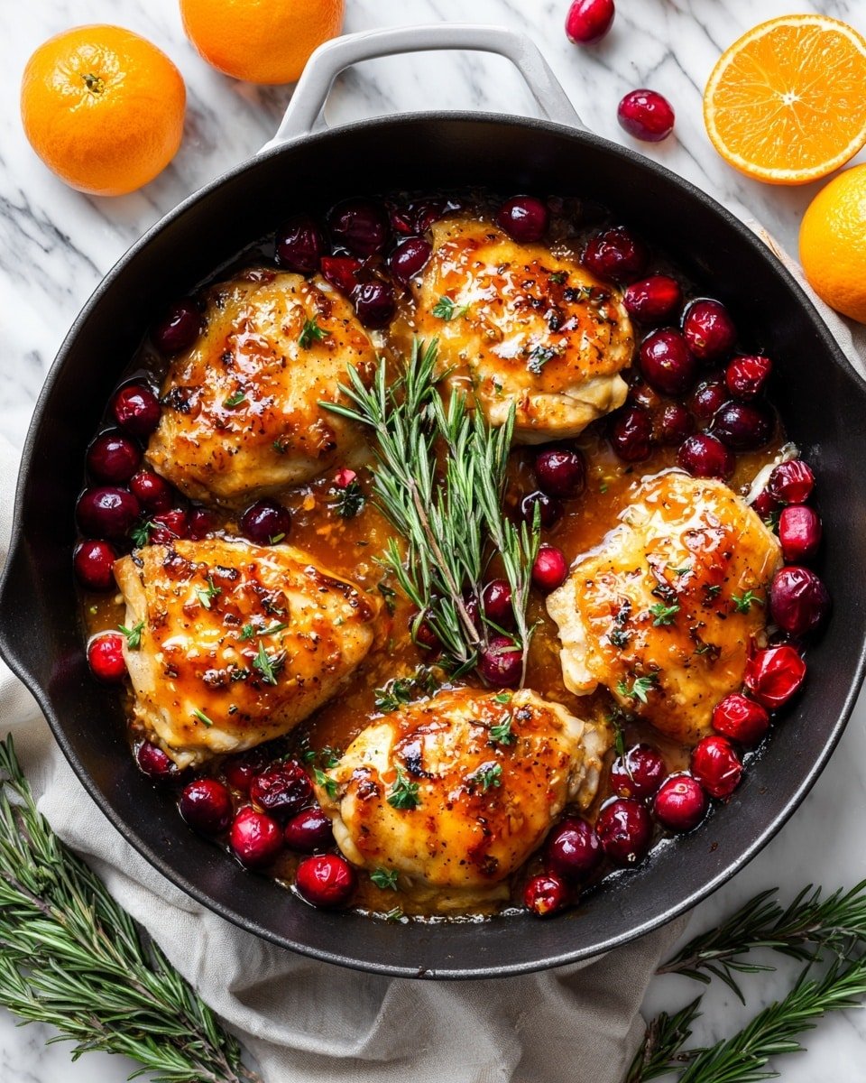 In a black iron pan, there are six pieces of cooked chicken with a shiny orange-brown sauce on top. The chicken pieces are surrounded by bright red cranberries, some whole and some split open, making the dish colorful. A sprig of fresh rosemary rests on top in the middle of the pan, adding a green contrast. The pan is placed on a white marbled surface, with whole and halved oranges and extra sprigs of rosemary nearby, creating a fresh and warm setting. photo taken with an iphone --ar 4:5 --v 7 — Skillet Cranberry Orange Chicken, cranberry orange chicken, fall chicken dinners, easy weeknight chicken recipes, festive chicken dinner