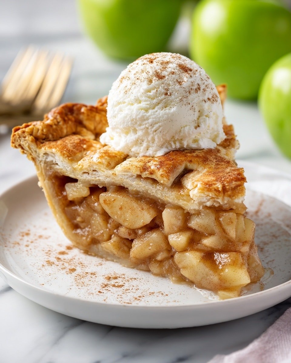 A slice of apple pie sits on a white plate on a white marbled surface, showing three visible layers: the bottom crust, a thick middle layer of warm, cinnamon-coated apple chunks with a soft texture, and a golden, slightly flaky top crust with a wavy edge. On top of the pie, there is a scoop of white ice cream sprinkled with a light dusting of cinnamon. The background is softly blurred with green apples and cutlery nearby. Photo taken with an iphone --ar 4:5 --v 7 — Chai Spice Vegan Pear Pie, vegan pear pie with chai spices, vegan fruit pie recipes, cozy vegan desserts, easy vegan pie recipes