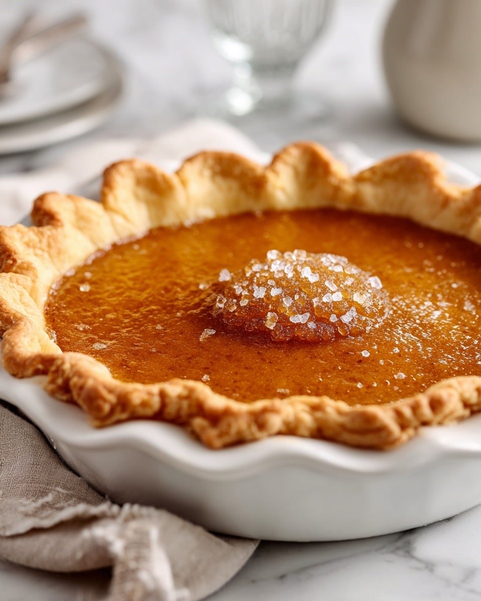 A pie with one layer of golden brown crust shaped into a wavy edge in a white pie dish. Inside, there is a smooth, shiny amber-colored filling with a slightly darker, rough cluster of sugar crystals in the center. The pie sits on a light cloth on a white marbled surface, with soft-focused items like a pot and a glass in the background. photo taken with an iphone --ar 4:5 --v 7 — Salted Honey Pie, honey dessert recipe, sweet and salty pie, homemade honey pie, easy dessert with honey