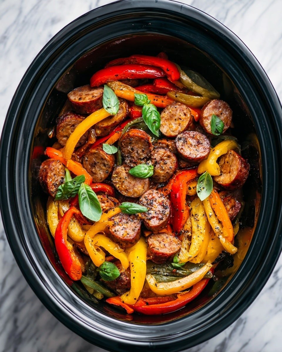 The image shows a dark black slow cooker filled with cooked sausage slices and colorful bell peppers in red, yellow, and orange. The sausage pieces are browned and juicy, mixed with thick strips of bell peppers that appear soft and shiny from cooking. Small green basil leaves and black pepper flakes are sprinkled on top, adding fresh green and speckled textures. The background is a white marbled surface. Photo taken with an iphone --ar 4:5 --v 7 — Keto Sausage and Peppers, Low-Carb Sausage and Peppers, Keto Italian Sausage Dinner, Easy Keto Sausage Stir-Fry, Healthy Keto Peppers and Sausage