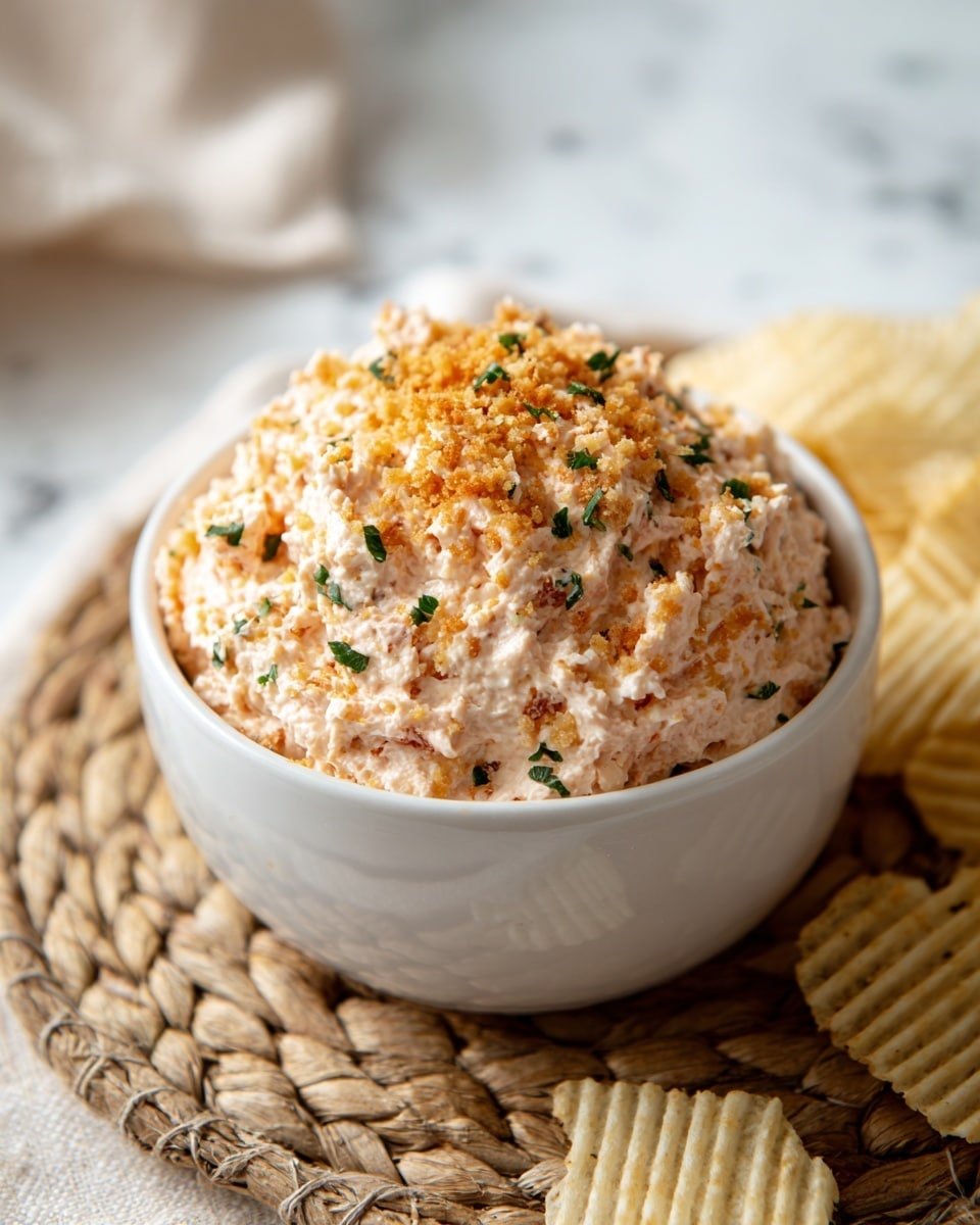 The image shows a white bowl filled with a creamy, light pink dip that has a rough texture, looking thick and mixed with small chunks. The dip is topped evenly with a layer of golden-brown crispy crumbs and small green herb bits scattered on top. The bowl is placed on a natural-colored woven mat, sitting on a white marbled surface. In the background, there are light beige ridged chips and a small piece of the dip visible outside the bowl, suggesting a casual snack setting. photo taken with an iphone --ar 4:5 --v 7 — Bloomin’ Onion Dip, crispy onion dip, creamy appetizer, game day dip, savory snack ideas