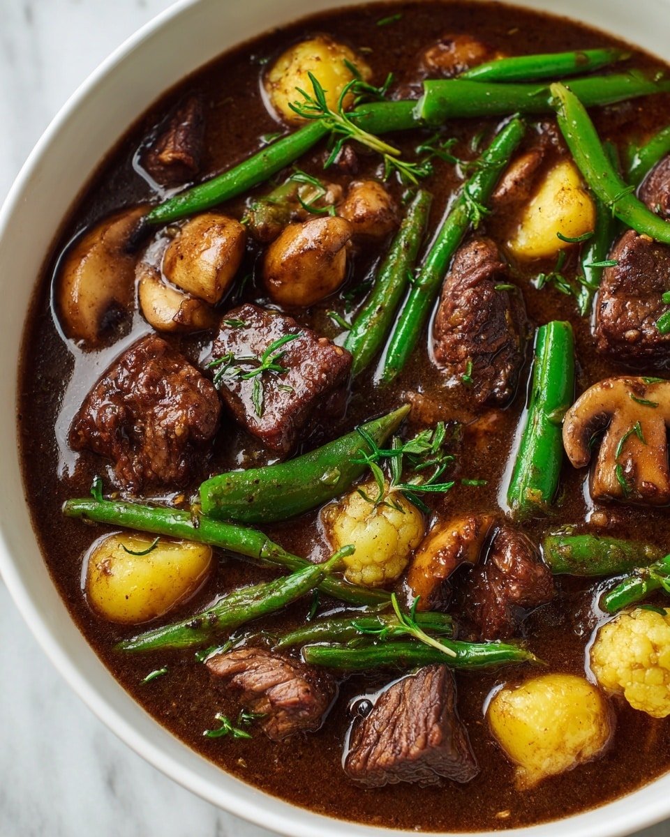 A close-up view of a dark brown stew served in a deep white bowl, placed on a white marbled surface. The stew has several thick chunks of brown meat scattered throughout. Bright green whole green beans and small light yellow cauliflower pieces float evenly in the mix. There are also small yellow potato pieces and sliced brown mushrooms, all coated in a rich, glossy brown sauce with visible fresh green herb sprigs on top. The texture of the sauce looks smooth and thick, filling the bowl almost to the top. photo taken with an iphone --ar 4:5 --v 7 — Keto Beef Stew, low-carb beef stew, keto-friendly comfort food, keto beef stew recipe, low-carb keto stew