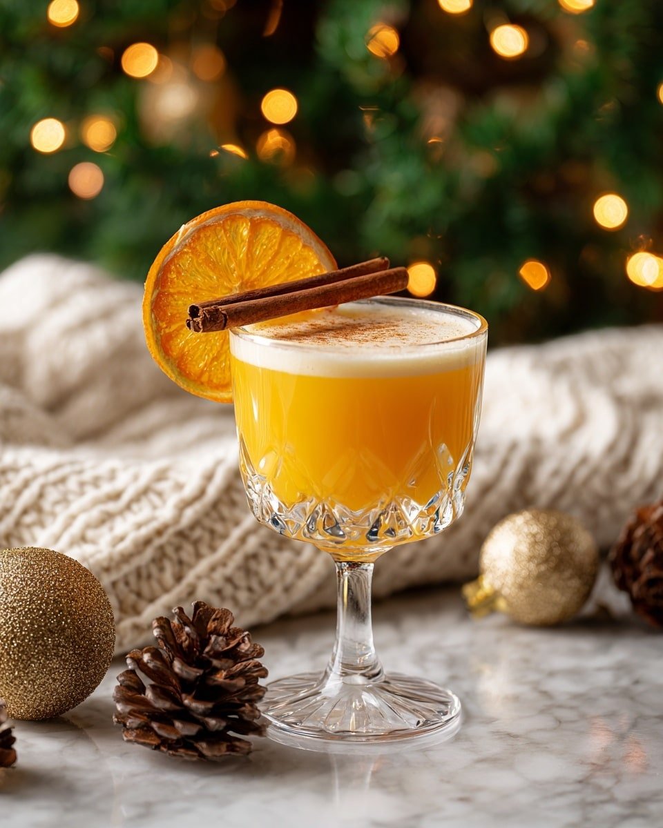 A clear stemmed glass holds a smooth, bright orange drink with a light froth on top. On the rim, there is a vibrant orange slice and two brown cinnamon sticks placed together. The glass sits on a white marbled surface, surrounded by golden Christmas ornaments and pine cones, with soft warm lights and blurred green Christmas tree branches in the background. A cream knit cloth lies behind the glass, adding a cozy touch. Photo taken with an iphone --ar 4:5 --v 7 — Spiced Orange Gin Punch, Orange Gin Cocktail, Festive Gin Punch, Warm Spiced Cocktail, Easy Holiday Drinks