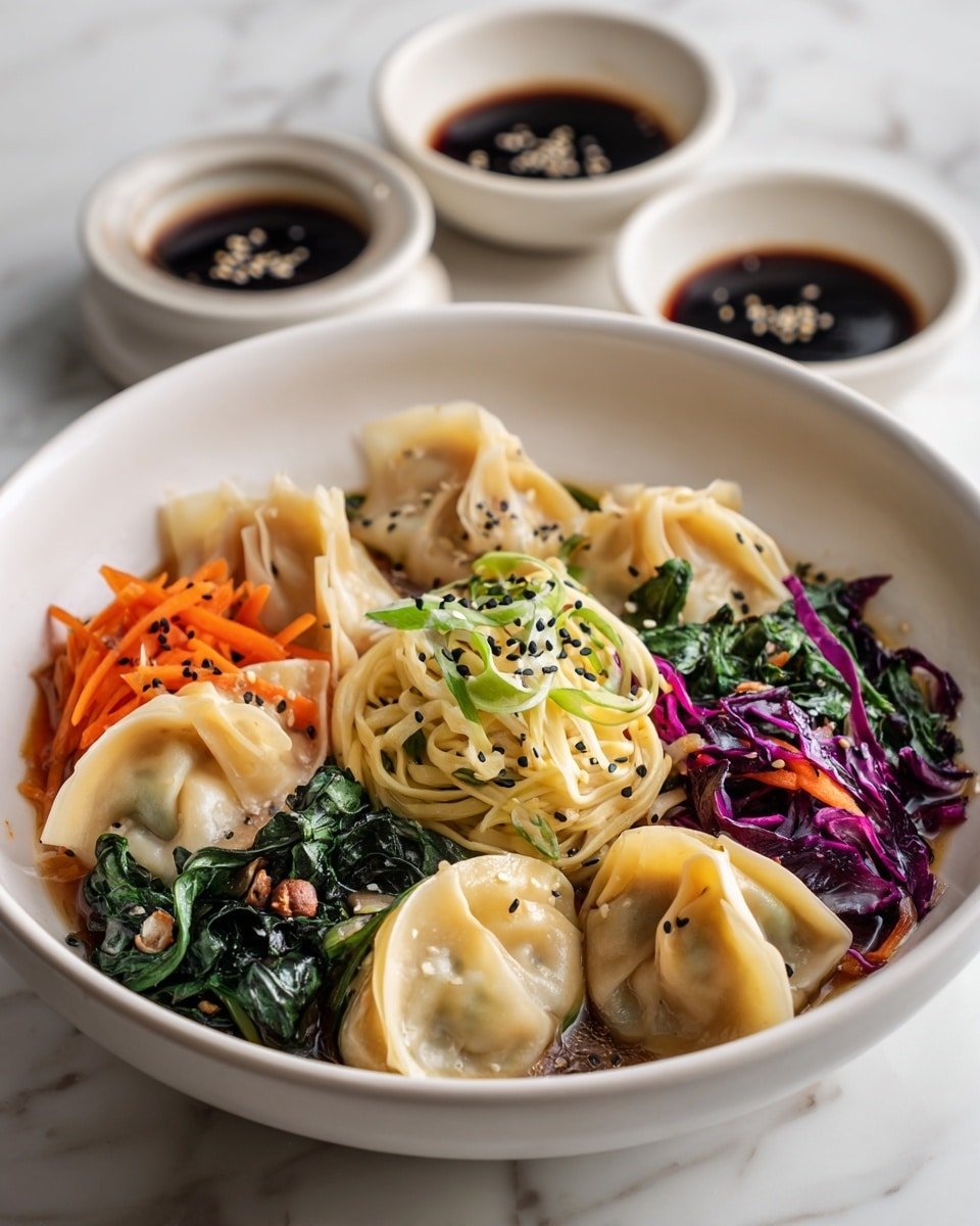 A white bowl holds a colorful dish with six dumplings arranged around the edge, each one light tan with gently folded wrappers and some with golden brown crisp bottoms. Inside the bowl, there are cooked noodles piled in the center, light yellow and slightly tangled. Around the noodles, there are thin slices of green onion, bright orange carrot sticks, dark green leafy vegetables, and thin strips of purple cabbage, mixed with small bits of brown cooked meat. The dish is topped with a few black and white sesame seeds, all in a light broth that adds a shiny finish to the ingredients. In the background, small white bowls with dark sauce sit on a white marbled surface. Photo taken with an iphone --ar 4:5 --v 7 — Potsticker Noodle Bowls, crispy potstickers, quick Asian noodle bowl, savory stir-fry noodles, Asian-inspired comfort meal