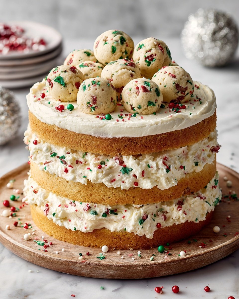 Sugar Cookie Cake with Vanilla Layers and Cream Cheese Frosting Recipe - Recipe Image — Sugar Cookie Cake with Vanilla Layers and Cream Cheese Frosting, easy sugar cookie cake, vanilla layer cake, cream cheese frosting dessert, festive cookie cake