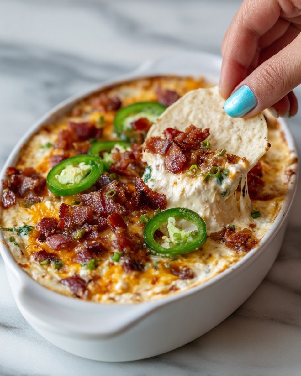 A close-up view of a white oval dish filled with a creamy dip featuring a rich, melted layer of orange and white cheese mixed together. On top, there are scattered small crispy pieces of dark brown bacon and bright green slices of fresh jalapeño peppers, adding color contrast. A woman's hand with shiny, light blue nail polish is dipping a round, light beige tortilla chip into the dip, which shows a creamy texture with green herbs visible inside. The background is a white marbled texture. photo taken with an iphone --ar 4:5 --v 7 — Baked Chuy’s Jalapeno Chicken Dip, spicy chicken dip, cheesy appetizer, party snack, Southwest dip