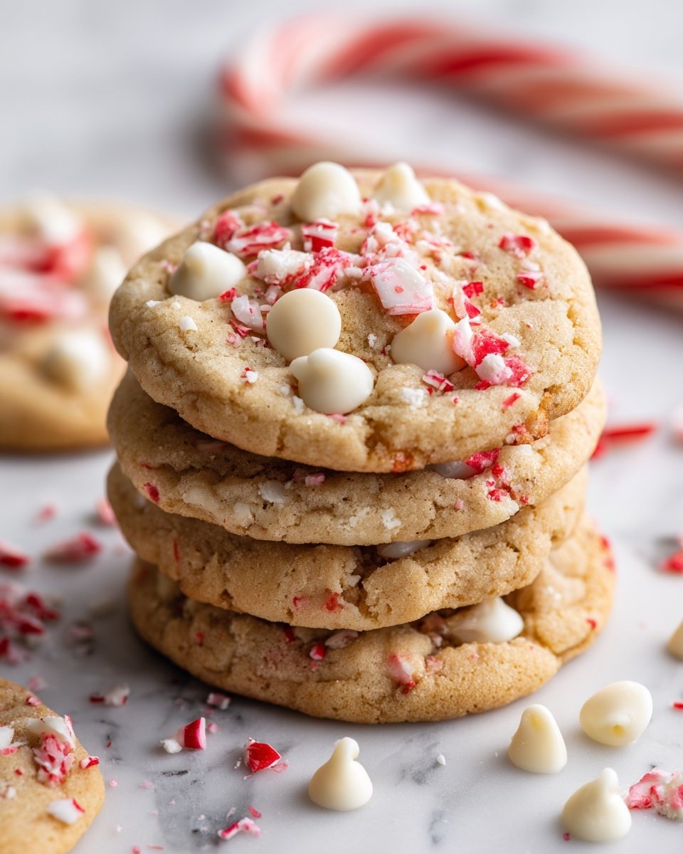 A stack of four round cookies sits on a white marbled surface, each cookie having a golden-brown color with visible cracks and a slightly soft texture. The cookies are topped with white chocolate chips and small pieces of red-and-white peppermint candy, creating a mix of creamy white and bright red spots on the surface. The top cookie shows a few bigger white chocolate chips and scattered peppermint bits, while some crushed peppermint pieces surround the stack. A red-and-white striped candy cane lies behind the cookies, adding a festive touch. The image is clear with a close-up view, capturing the details of the cookie texture and candy pieces, photo taken with an iphone --ar 4:5 --v 7 — White Chocolate Candy Cane Cookies, holiday cookie recipe, peppermint cookies, festive Christmas cookies, easy holiday treats
