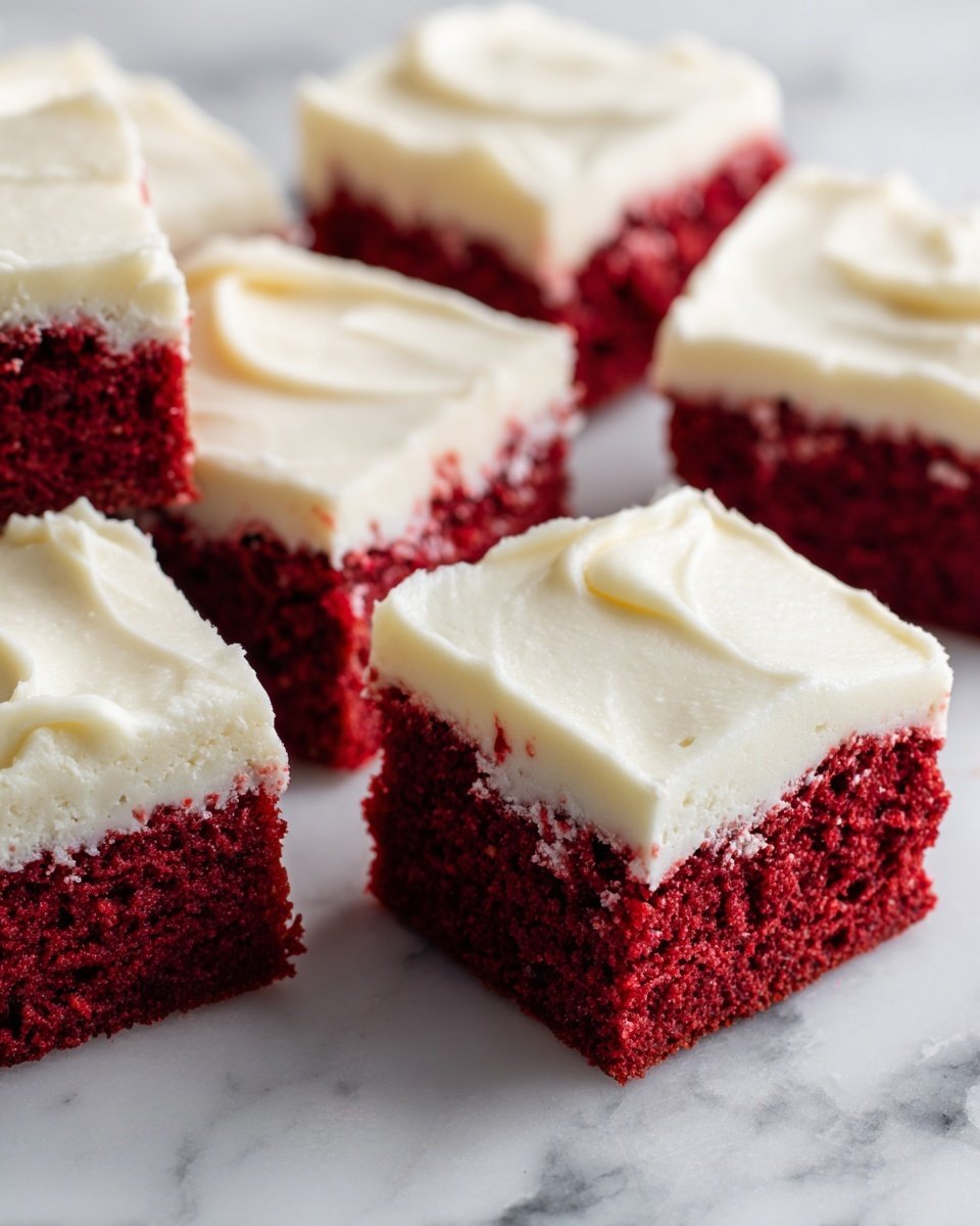 The image shows several square pieces of red velvet cake with smooth, thick white frosting on top. Each piece has two layers: a deep red, soft and moist cake layer at the bottom, and a creamy white frosting layer evenly spread on top. Two pieces are lying flat, showing the frosted side up, while two pieces are standing on their side, revealing both the red cake inside and the white frosting on top. The cakes are placed on a white marbled surface, and the frosting has a slightly swirled texture. photo taken with an iphone --ar 4:5 --v 7 — Red Velvet Brownies with Cream Cheese Frosting, red velvet brownies, chocolate dessert recipes, creamy frosting brownies, easy red velvet treats