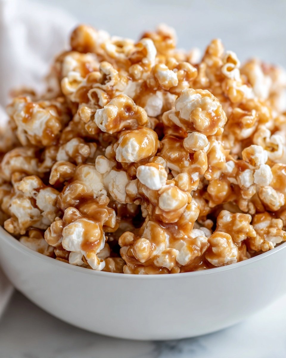 A close-up view of a white bowl filled with caramel popcorn. The popcorn pieces are covered evenly with a shiny, light brown caramel glaze, giving them a smooth and glossy texture. Each popcorn kernel has a mix of white and caramel brown, with the caramel coating wrapping around the popcorn in irregular patches. The bowl sits on a white marbled surface, softly blurred in the background. Photo taken with an iphone --ar 4:5 --v 7 — Delicious Festive Pink Velvet Cake, pink velvet cake, holiday cake recipes, pink cake with cream cheese frosting, celebration dessert ideas