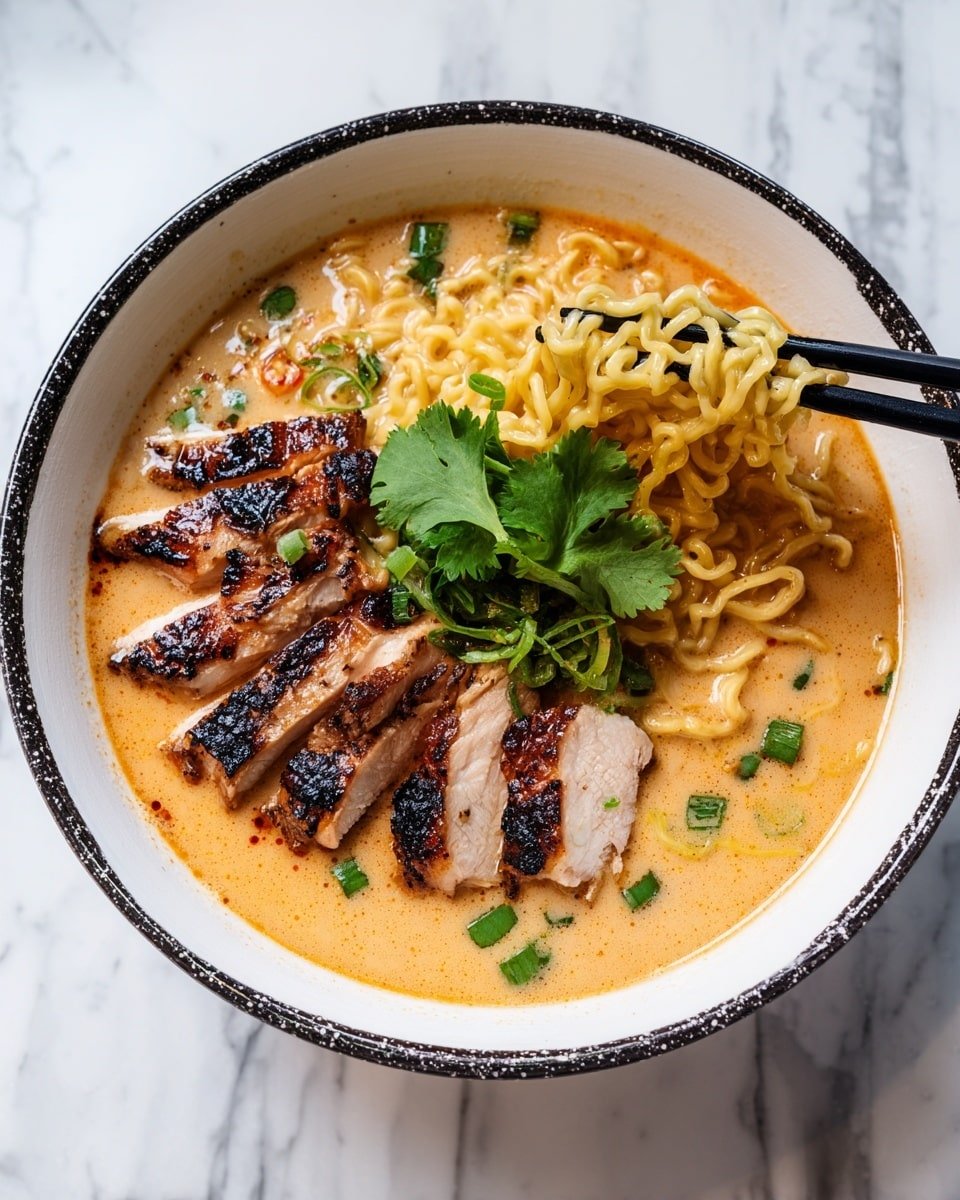 A bowl of ramen with three main layers: the bottom layer is creamy light orange broth with small bright green chopped scallions floating in it; above the broth, on the left side, there are several slices of grilled chicken with dark brown char marks and white meat showing inside; on the right side, cooked yellow ramen noodles are lifted slightly above the broth with black chopsticks, topped with a small green cilantro leaf. The bowl is white with a speckled black rim, set on a white marbled surface. Photo taken with an iphone --ar 4:5 --v 7 — Fiery Chicken Ramen with Creamy Garlic Sauce, spicy chicken ramen recipe, creamy garlic ramen, quick flavorful ramen, easy spicy chicken noodle bowl
