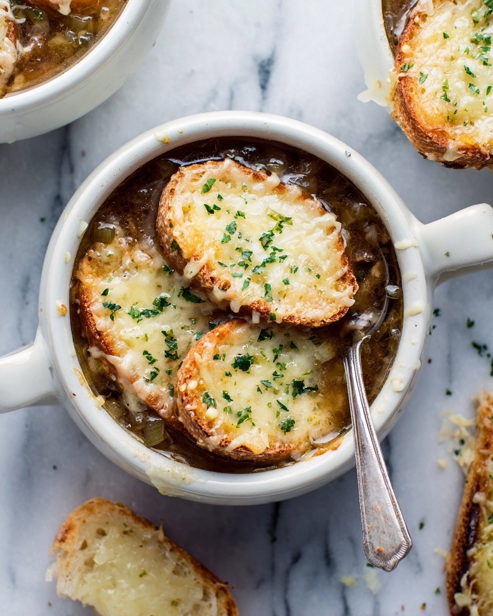 The image shows a white ceramic bowl filled with French onion soup, topped with five toasted slices of bread covered in melted golden-brown cheese sprinkled with small green herb bits. Below the bread, a thick dark brown onion and beef broth with visible chunks of beef and caramelized onions is seen. A silver spoon is placed inside the bowl, partially submerged in the soup. A piece of bread with melted cheese lies on the white marbled surface beside the bowl. In the background, there is a partial view of a second white bowl filled with more soup and one cheesy toast slice. photo taken with an iphone --ar 4:5 --v 7 — French Onion Beef Stew with Cheesy Baguette Topping, hearty beef and onion stew, cheesy baguette topping, comfort food recipes, easy French onion stew