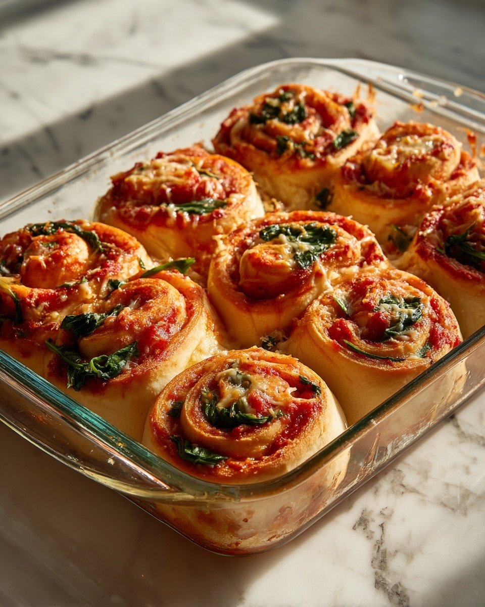 The image shows a glass baking dish filled with eight golden-brown swirled rolls. Each roll has three visible layers: a light golden dough on the outside, a bright red tomato sauce spread in the middle, and green spinach leaves along with small bits of white onion. The rolls are neatly close together, with a soft, slightly fluffy texture, and some bits of cheese sprinkled on top, giving a shiny and slightly crispy look. The dish is placed on a white marbled surface, and sunlight highlights the warm colors of the rolls. photo taken with an iphone --ar 4:5 --v 7 — Vegan Caramelized Onion & Spinach Pizza Rolls, vegan pizza snacks, dairy-free appetizer, plant-based pizza roll recipe, easy vegan party foods