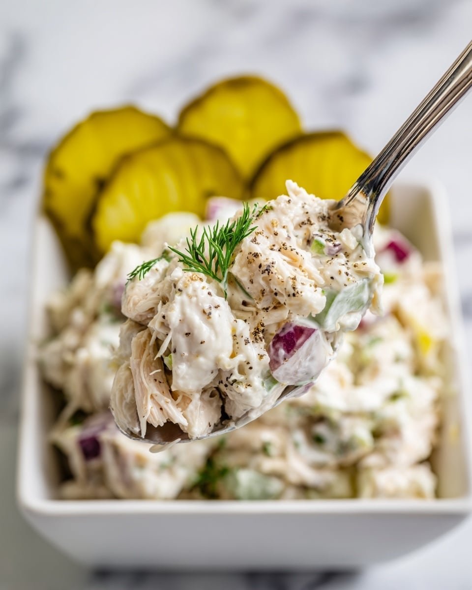 Savory Dill Pickle Chicken Salad Recipe - Recipe Image — Savory Dill Pickle Chicken Salad, chicken salad with dill pickles, quick and easy chicken salad, creamy herb chicken salad, tangy chicken salad recipe