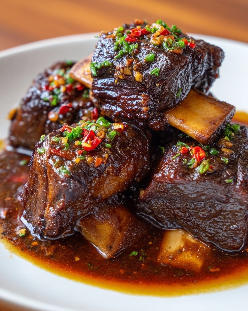 The image shows three large, dark brown braised short ribs with visible chunky textures on a white plate, sitting in a pool of rich, glossy dark sauce. Each short rib pieces have bones that are light tan at the ends, sticking out from the meat. There are bits of cooked garlic and red chili flakes sprinkled on top, adding texture and a slight pop of color. The plate rests on a wooden surface with the scene focused closely on the ribs, highlighting their juicy and tender look. photo taken with an iphone --ar 4:5 --v 7 — Simple Balsamic Bourbon Short Ribs with Horseradish Cream, bourbon short ribs recipe, slow braised short ribs, easy steak rib dish, flavorful beef short ribs