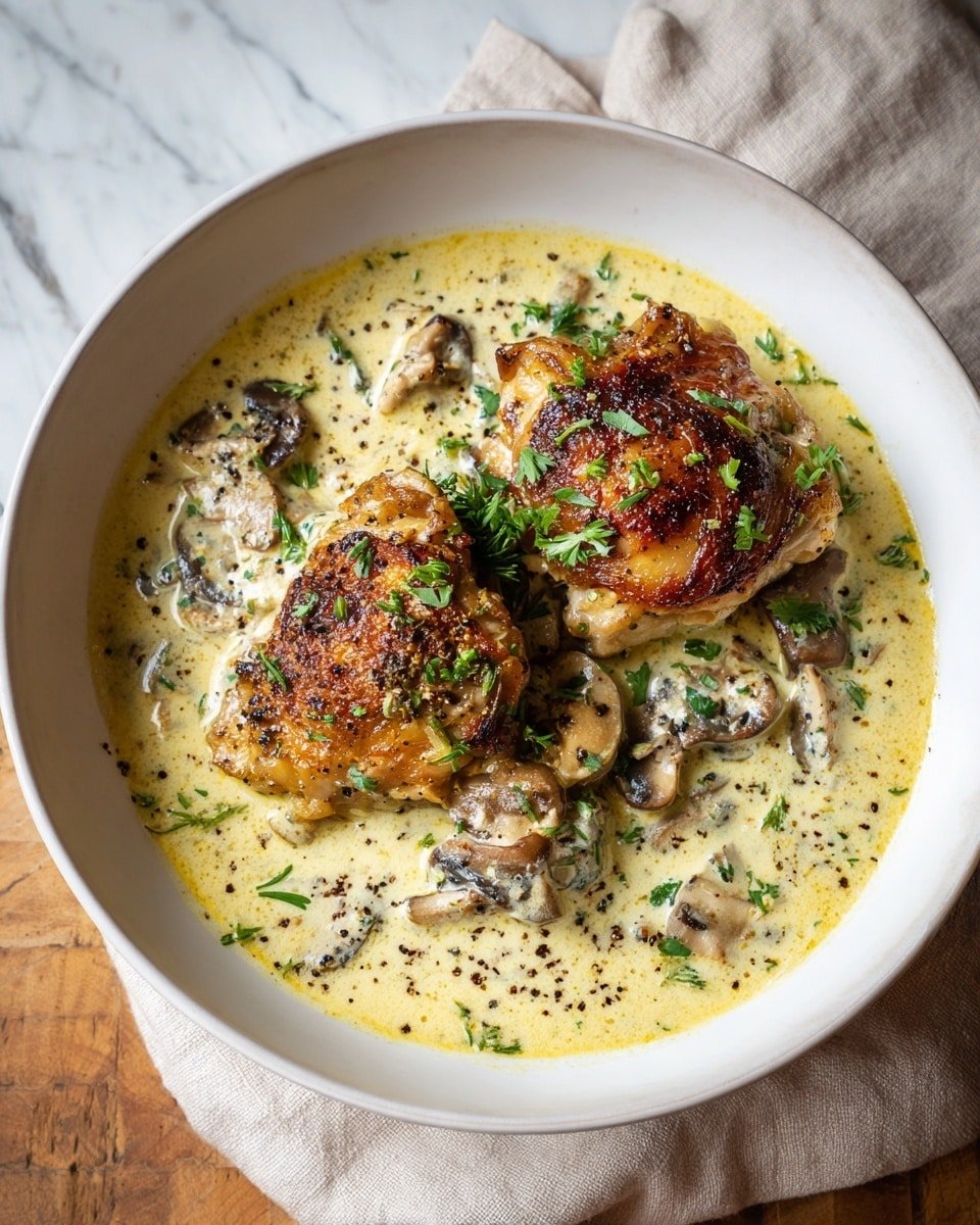 The dish shows two pieces of browned chicken thighs placed in the middle of a round white bowl, resting on a bed of creamy light yellow sauce with bits of herbs and small mushroom pieces scattered throughout. The chicken has a crispy looking skin with a dark golden-brown color and is garnished with fresh green herbs on top. The creamy sauce pools around the base of the chicken, with visible flecks of black pepper and finely chopped herbs that create texture throughout. The bowl sits on a beige cloth on a wooden surface, but the background is changed to a white marbled texture. photo taken with an iphone --ar 4:5 --v 7 — Slow Cooker French Wine and Mustard Chicken, French-style chicken recipe, easy slow cooker chicken dish, comforting French chicken dinner, wine and mustard chicken