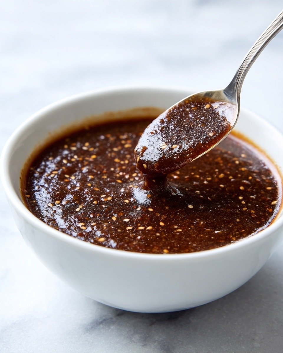 A big round white bowl holds a thick, dark brown sauce with a shiny texture. The sauce has small bits and seeds spread evenly throughout, giving it a slightly grainy look. Around the edge of the bowl, the sauce is a bit lighter brown and looks sticky. A silver spoon scoops some of the sauce, showing its thick but flowing form. The background is a white marbled surface. photo taken with an iphone --ar 4:5 --v 7 — Szechuan Sauce, Spicy Szechuan Sauce, Homemade Szechuan Sauce, Asian dipping sauces, stir-fry sauces