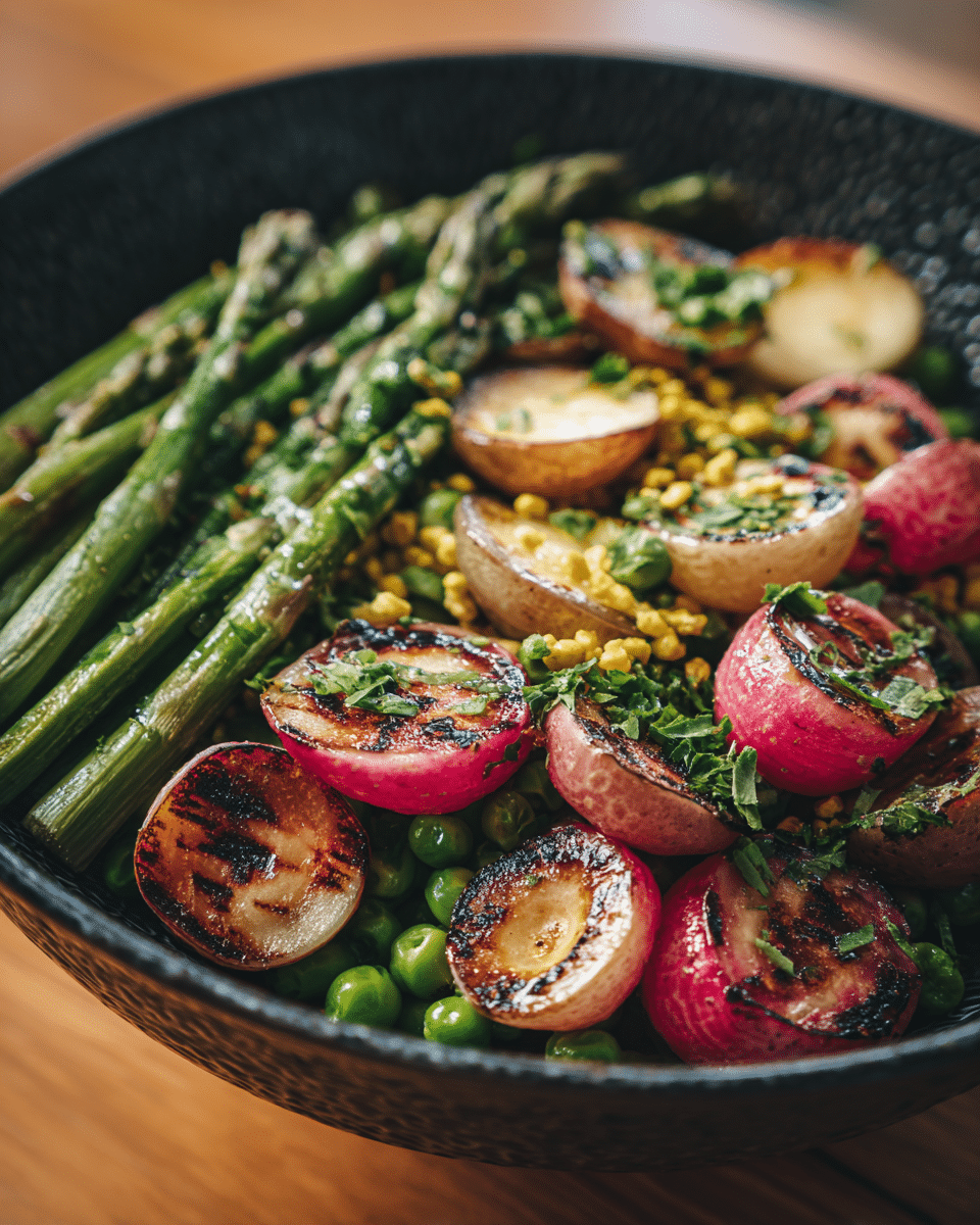 A close-up view of a bowl containing a colorful salad with three main layers: the first layer is a mix of charred golden and pink round radishes, some with a light brown grilled texture; the second layer features bright green asparagus tips and small green peas scattered through the salad; the final layer is a sprinkling of small yellowish mustard seeds and chopped green herbs that add texture and freshness. The bowl itself is dark textured, and the background has a warm wooden tone softly blurred. photo taken with an iphone --ar 4:5 --v 7 — Roasted Asparagus and Radishes with Mustard Vinaigrette, fresh vegetable side dish, spring vegetable recipes, easy roasted vegetable recipes, healthy spring side
