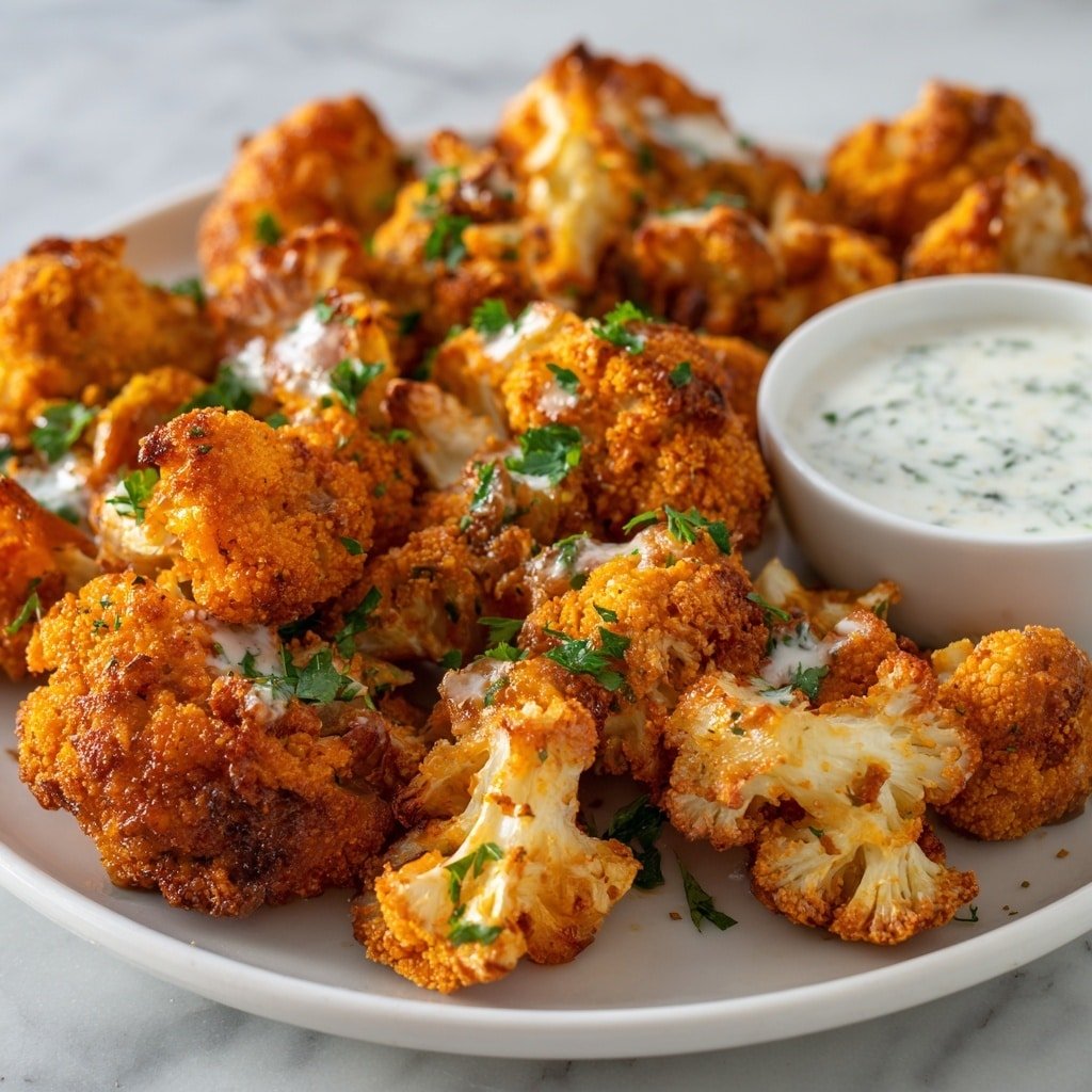 A white round plate filled with many pieces of crispy orange-brown fried cauliflower, each piece showing a rough, crunchy texture with small white cauliflower parts inside. Green parsley leaves are scattered on top, adding contrast. On the upper right edge of the plate, there is a small white bowl filled with a creamy white dip, speckled with herbs. The plate is placed on a white marbled surface. photo taken with an iphone --ar 1:1 --v 7 — Gluten Free Buffalo Cauliflower, spicy crispy cauliflower bites, gluten-free veggie appetizers, healthy buffalo cauliflower, gluten free cauliflower snacks