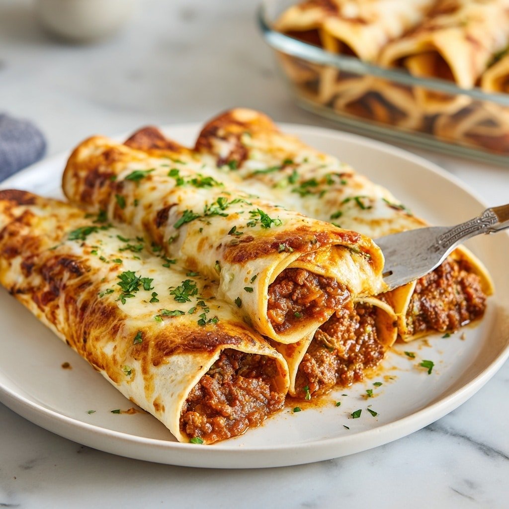 A white plate holds four rolled tortillas stacked in two layers side by side, filled with a brown, textured meat mixture. The top layer of tortillas is covered with melted cheese that is golden and slightly browned, sprinkled with small green herbs. A silver fork is poking into the top right tortilla, with a white marbled surface underneath the plate and a clear glass dish of more rolled tortillas blurred in the background. Photo taken with an iphone --ar 1:1 --v 7 — Vegan Enchiladas with Lentil Filling and Red Sauce, vegan Mexican enchiladas, healthy plant-based enchiladas, vegan lentil enchiladas recipe, easy vegan enchiladas