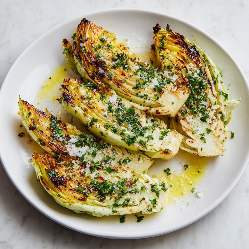 The image shows four grilled cabbage wedges layered on a white plate placed on a white marbled surface. Each wedge has a slightly charred outer layer with golden brown edges, and the cabbage leaves inside are light yellow and white, showing soft textures. The wedges are topped with finely chopped green herbs and sprinkled with small white flakes resembling cheese or salt. There is a light drizzle of yellow oil over the cabbage, adding a glossy effect. The overall look is warm and fresh, with the contrast between the char marks, the green herbs, and the white plate creating a vibrant presentation. photo taken with an iphone --ar 1:1 --v 7 — Melted Cabbage with Garlic Parmesan and Parsley, roasted cabbage side dish, garlic parmesan vegetable side, easy roasted cabbage recipe, flavorful cabbage side