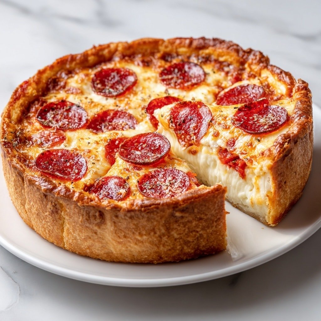 A deep-dish pizza with multiple thick layers, starting with a golden-brown crust at the bottom, followed by a thick layer of melted creamy cheese that fills most of the pie. On top of the cheese, there are evenly spaced bright red pepperoni slices that have slightly curled edges, showing a bit of crispiness. The cheese layer has a shiny, slightly oily surface with some browned spots near the edges. The pizza sits on a simple white plate, placed on a white marbled surface. photo taken with an iphone --ar 1:1 --v 7 — Cottage Cheese Flatbread, healthy flatbread recipes, quick flatbread ideas, protein-packed flatbread, versatile flatbread toppings