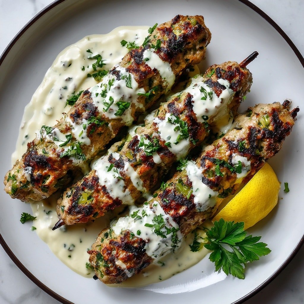Three grilled kebabs are placed side by side on a white plate with a dark rim. Each kebab has a golden brown, slightly charred surface with visible green herb bits mixed in. A creamy white sauce with fine green herbs is drizzled over the kebabs, giving a contrast between the sauce and the meat. Small green parsley leaves are sprinkled on top for garnish. On the lower right side of the plate sits a small yellow lemon wedge partially covered by a sprig of parsley. The entire scene sits on a white marbled texture surface. Photo taken with an iphone --ar 1:1 --v 7 — Juicy Chicken Kofta with Garlic Yogurt, Chicken Kofta recipe, flavorful chicken kofta, easy kofta dinner, homemade garlic yogurt sauce