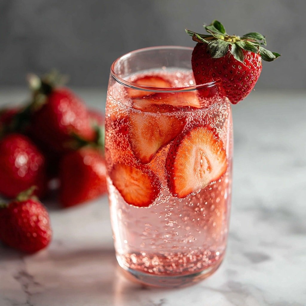 A clear glass filled with a fizzy pink liquid with three visible slices of red strawberries inside, each slice showing seeds and inner white parts. One whole strawberry with green leaves is placed on the rim of the glass, standing upright. Tiny bubbles cling to the strawberry slices and float in the sparkling liquid. The glass sits on a white marbled surface with some blurred strawberries in the soft black background. The lighting highlights the glass rim and the texture of the strawberries clearly. photo taken with an iphone --ar 1:1 --v 7 — Strawberry Dirty Sprite, refreshing fruity drinks, summer cocktail recipes, bubbly fruit mocktails, easy party drinks
