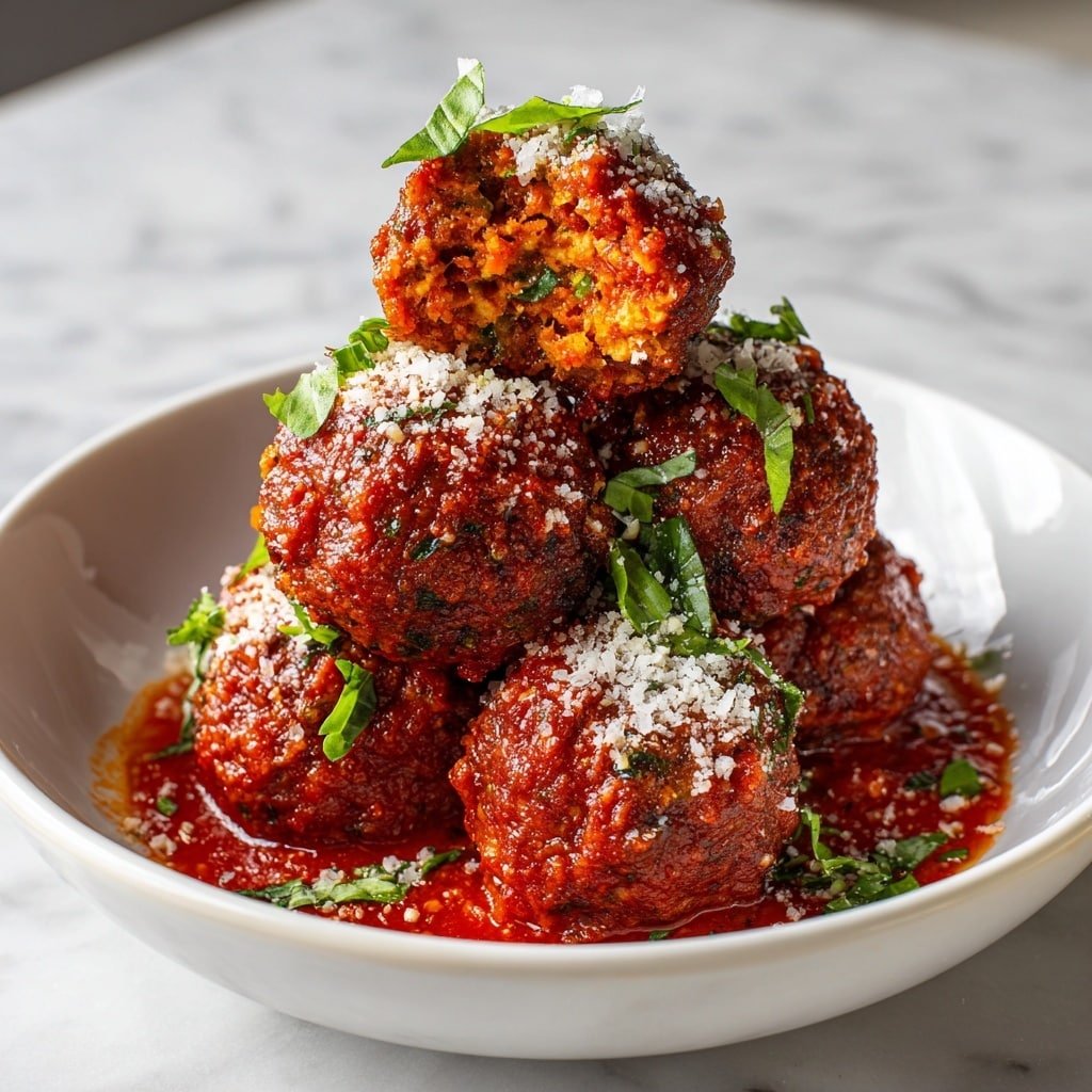 The image shows a white bowl filled with four meatballs stacked in a pyramid shape, each coated with thick red tomato sauce. The top meatball is cut open to show a textured inside with bits of vegetables like orange carrots and green herbs. The meatballs are sprinkled with grated white cheese and fresh green basil leaves, with extra sauce pooling at the bottom of the bowl. The bowl sits on a white marbled surface. photo taken with an iphone --ar 1:1 --v 7 — Easy Vegetarian Lentil Meatballs, vegetarian lentil meatballs recipe, healthy vegetarian meatballs, plant-based lentil meatballs, easy veggie dinner ideas