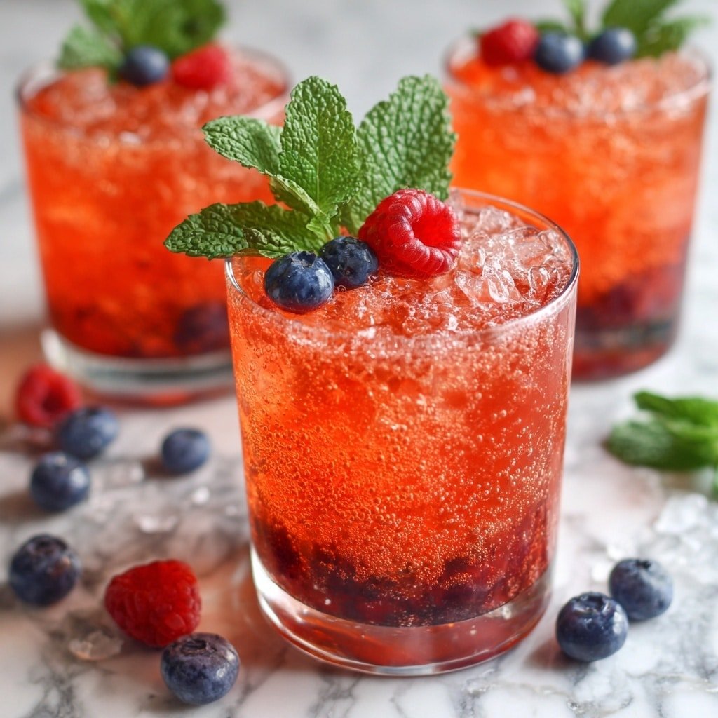The image shows a close-up of a short clear glass filled with orange-red drink and crushed ice, with visible bubbles inside. At the bottom of the drink, there are several dark red berries, and on the top, there are two dark blue blueberries, one bright red raspberry, and a green mint sprig standing upright with detailed texture on the leaves. In the background, two more similar glasses with the same drink and ice are slightly blurred. Scattered around on the white marbled surface are some loose blueberries, raspberries, and mint leaves, adding vibrant color to the scene. The photo taken with an iphone --ar 1:1 --v 7 — Berry Bunny Spritzer, refreshing berry mocktail, easy fruit drink, summer bubbly beverage, homemade fruit spritzer