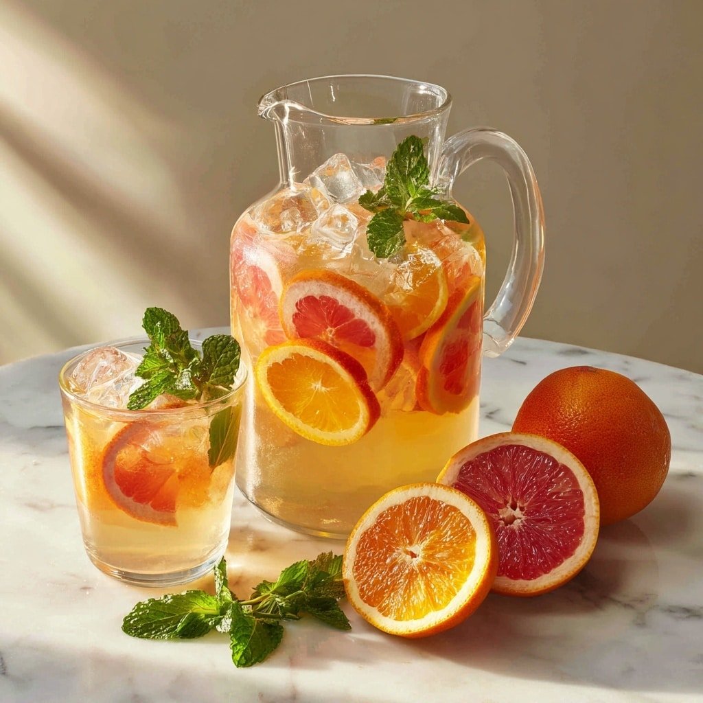 A large clear glass pitcher filled with light orange liquid contains multiple thin slices of bright orange and pink citrus fruits and several clear ice cubes, topped with fresh green mint leaves. In front of the pitcher, two white glasses hold the same liquid with orange and pink citrus slices, ice cubes, and mint leaves floating on top. Around the glasses and pitcher, there are three halved citrus fruits showing their juicy pink centers and a few sprigs of fresh green mint scattered on a white marbled surface. Soft natural light casts gentle shadows, enhancing the fresh and cool look. photo taken with an iphone --ar 1:1 --v 7 — Citrus Garden Spritzer, fresh citrus drinks, summer spritzer, bubbly citrus beverage, easy citrus refreshment