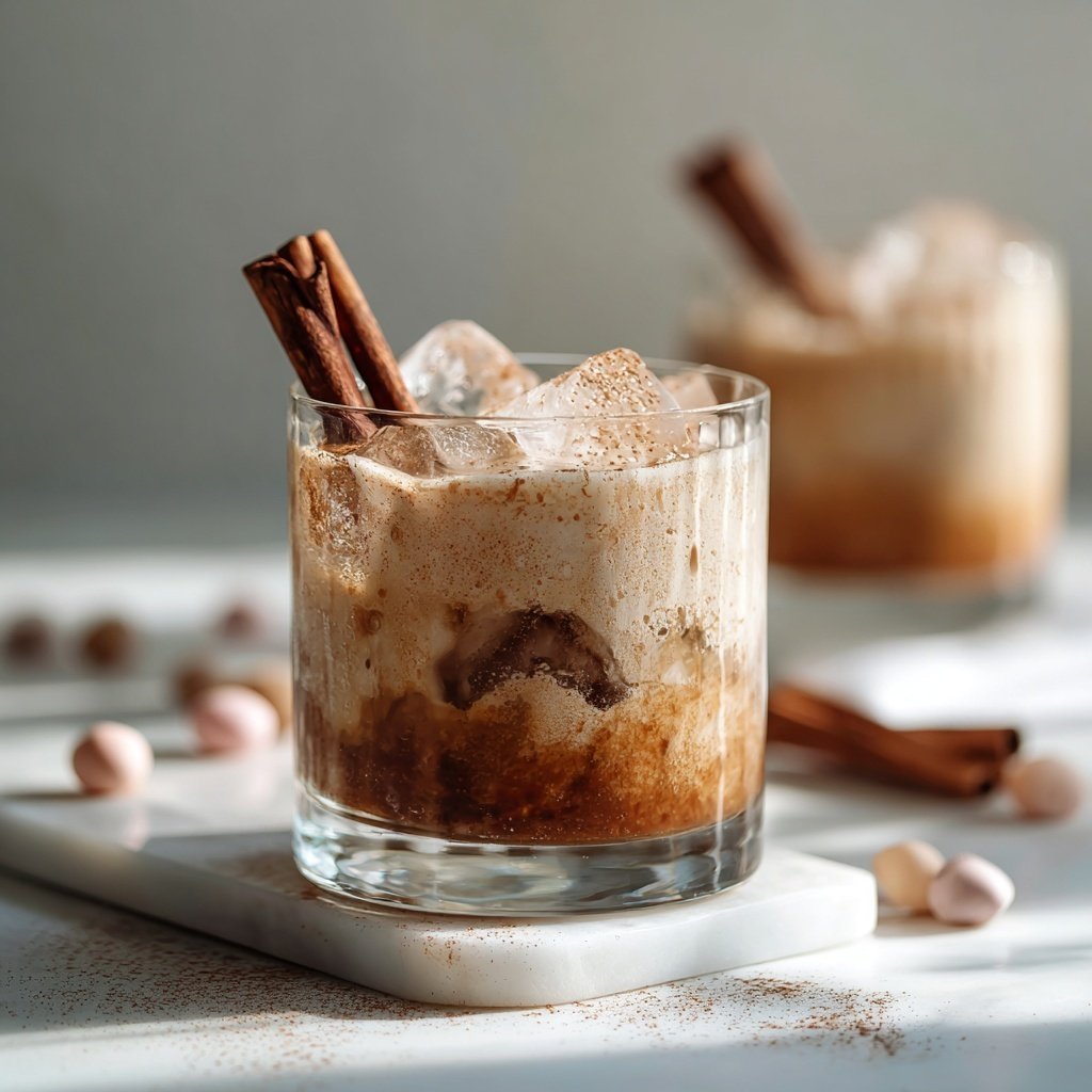 The image shows a clear glass filled with a layered drink, with large ice cubes inside giving a textured look. The bottom layer is a warm brown liquid, while the top layer is lighter and frothy, dusted with a light sprinkling of cinnamon or spice. Two cinnamon sticks sit upright inside the glass, adding a dark brown accent. The glass is placed on a white marbled surface with soft shadows, and pastel-colored round decorations scattered around. In the background, two similar drinks are slightly blurred, softly lit by natural light. The photo taken with an iphone --ar 1:1 --v 7 — Spiced Apple Sparkler, autumn festive drink, holiday bubbly beverage, cozy apple cocktail, spiced apple sparkling drink